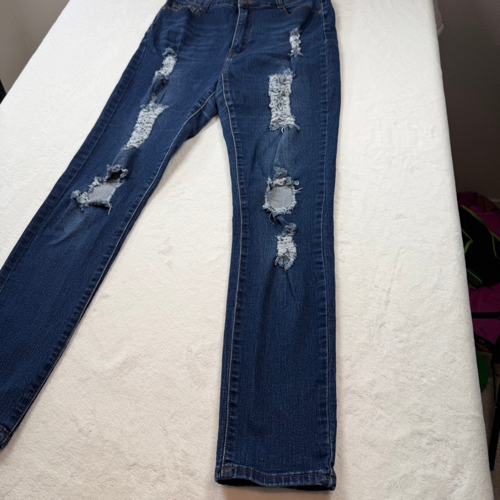 Fashion Nova Distressed Skinny Jeans Womens 15 Blue Good High Waisted Ripped - Picture 3 of 13